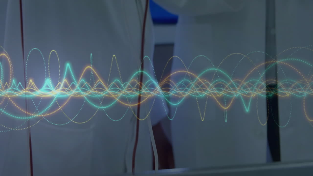 In laboratory, scientists working with colorful waveforms animation in background