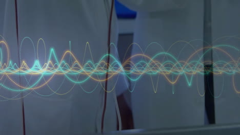in laboratory, scientists working with colorful waveforms animation in background
