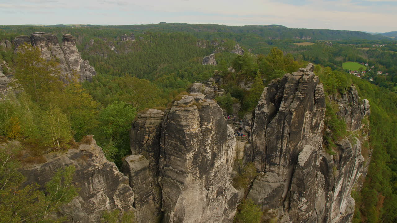 Elbsandsteingebirge Bastei Sachsen Elbe sandstone formations rising above dense green forests Mountains, showcasing the region’s natural beauty and rugged Terrain