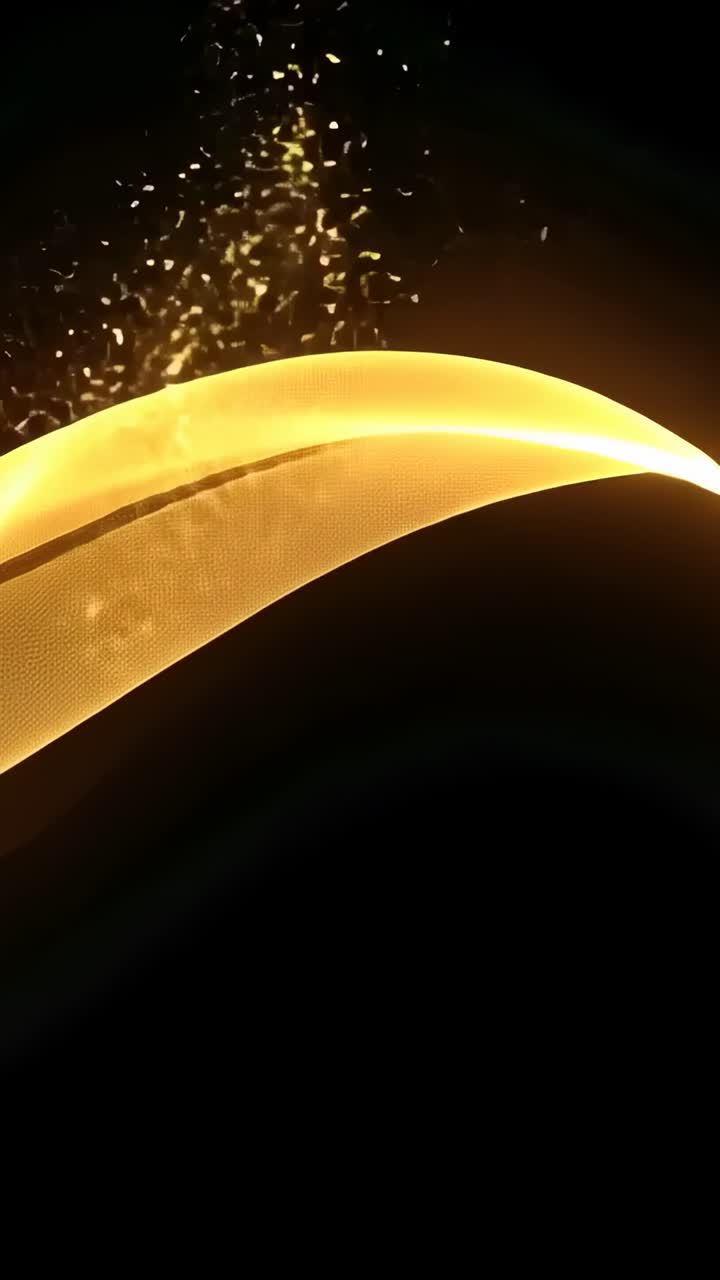 Vertical video: Glowing golden ribbon undulating and sweeping in black void, with particle sparkles