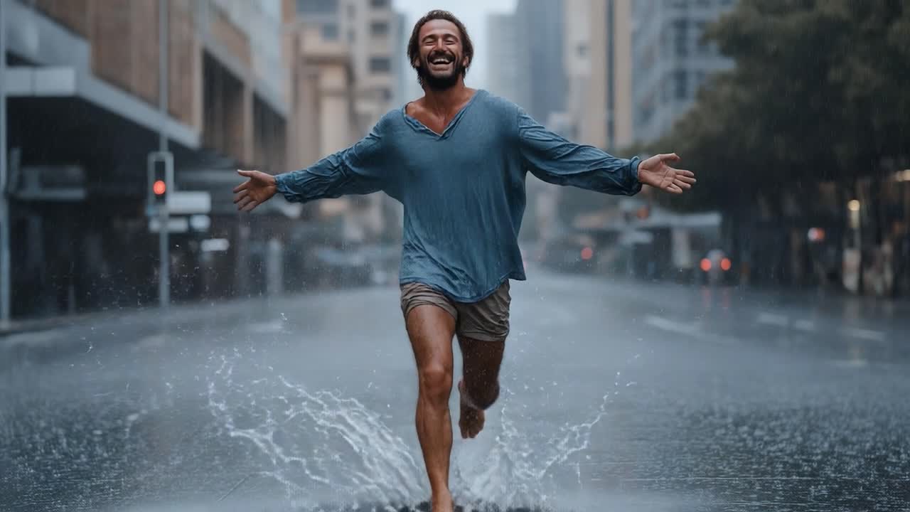 A Joyful Moment in the Rain: Capturing a Man's Exuberant Dance Through Rain-soaked Streets, Embracing Freedom and Emotions in Urban Landscape