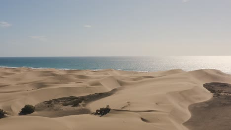 Drone-shot-of-dunes-and-desert-with-beach-and-sea,-dunas-de-maspalomas,-gran-canaria