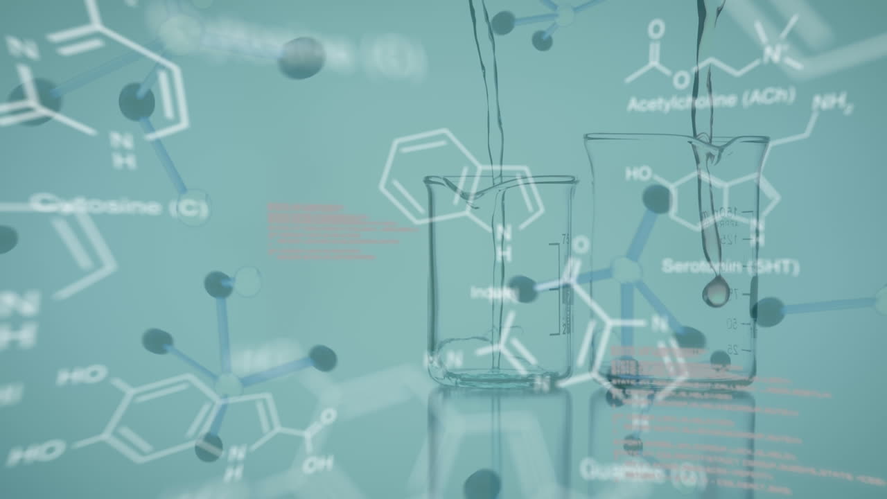 실험실 컵 위에서 과학 데이터 처리 및 화학 구조의 애니메이션