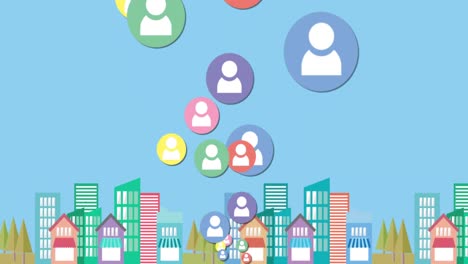 animation of social media icons floating over cartoon cityscape on blue background