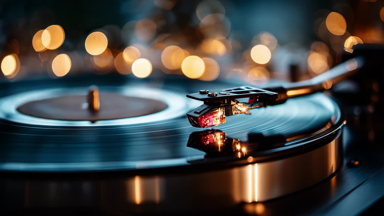 A Captivating Close-Up of a Vintage Turntable Spinning Vinyl Records, with Warm Bokeh Lights in the Background Creating a Nostalgic and Cozy Atmosphere for Music Lovers