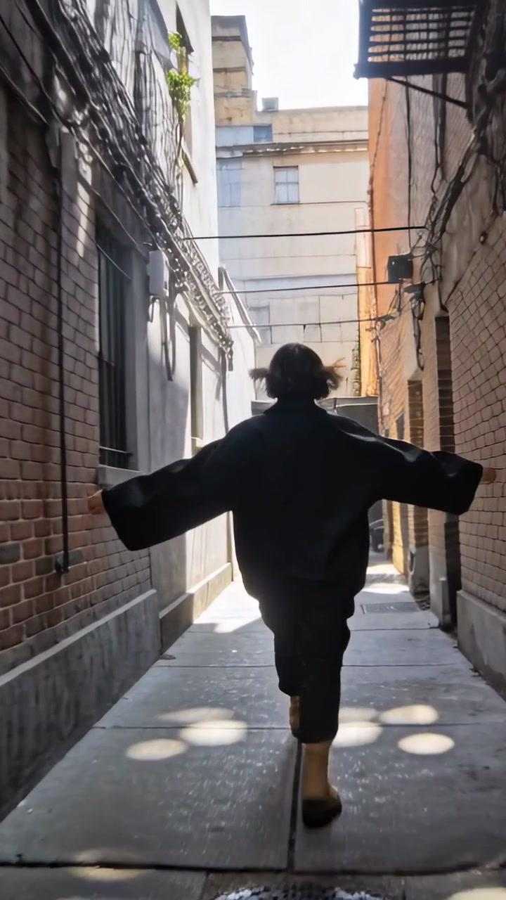 Video verticale: Uomo che cammina con giacca nera e stivali gialli, passando accanto a punti luce in un vicolo per uscire.