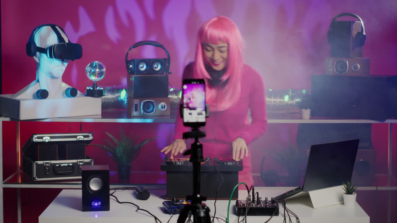 DJ with Pink Wig Mixing Music