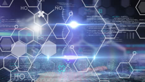 animation of dna strand, chemical symbols and data processing over black background