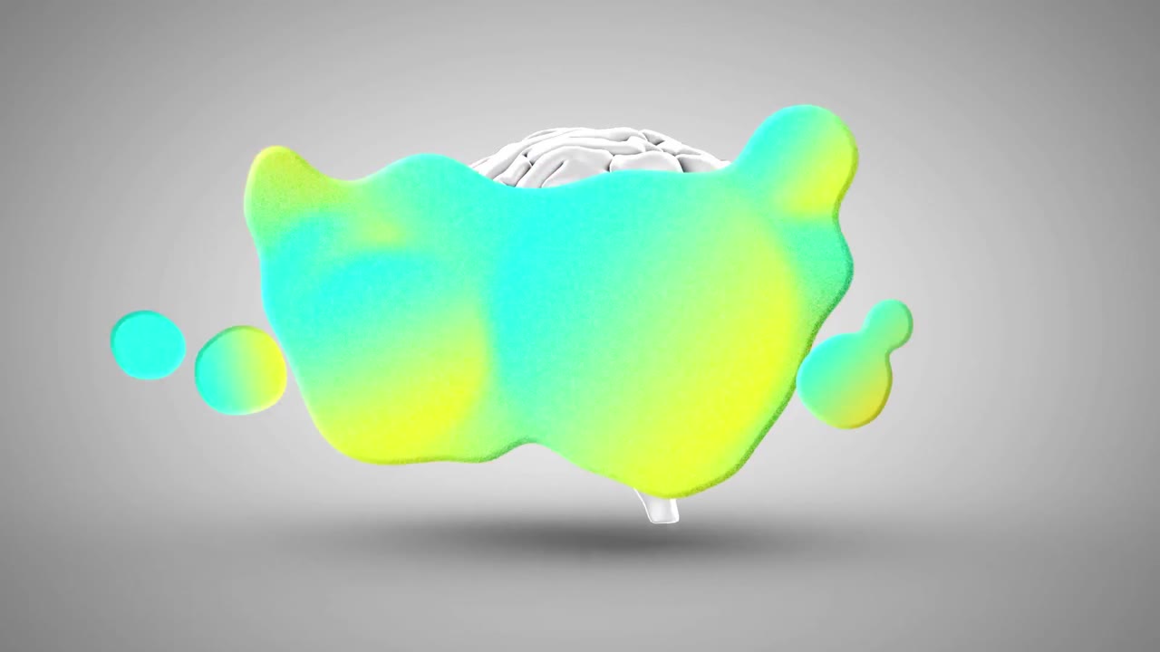 animación digital de efectos líquidos sobre el cerebro humano girando contra un fondo gris