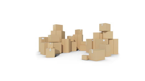 animation of multiple stacked up cardboard boxes moving on white background