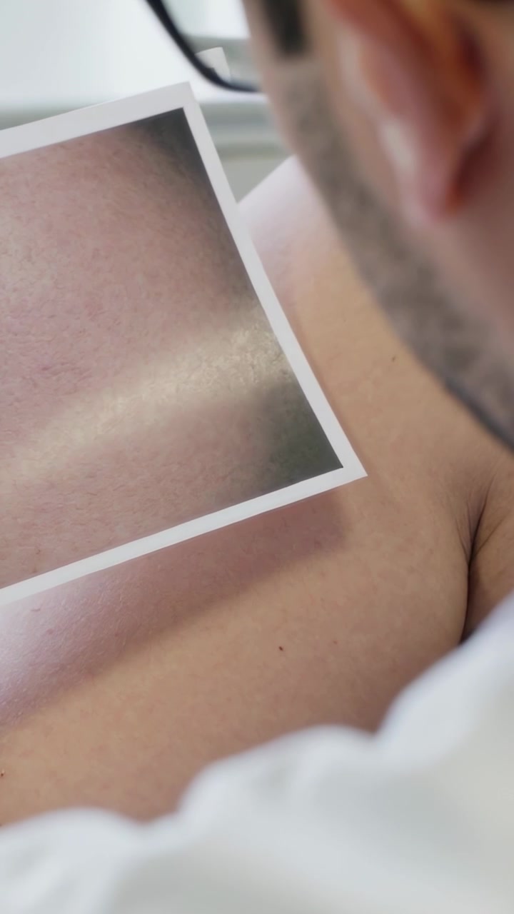 Vertical video: Leaning doctor in white coat aligning print against chest in clinic for diagnosis