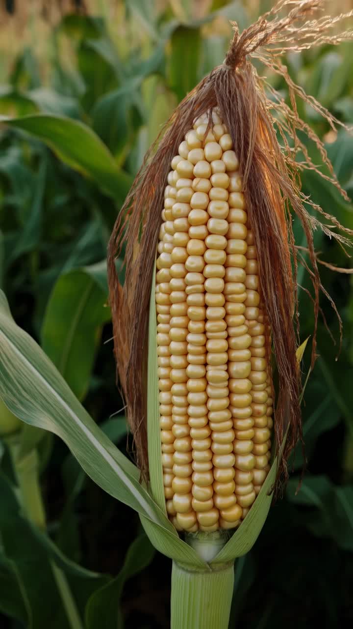 Close-up video shot of a lush cornfield at sunset, capturing the vibrant green leaves and golden