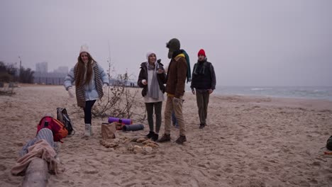 friends having fun on a winter beach