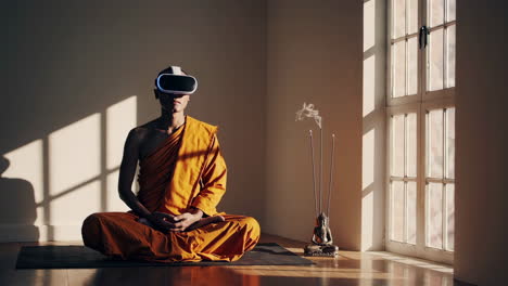 monk meditating with vr headset