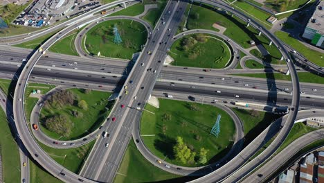 aerial view of a freeway intersection traffic trails in moscow.