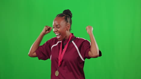 winner, black woman and trophy kiss on green