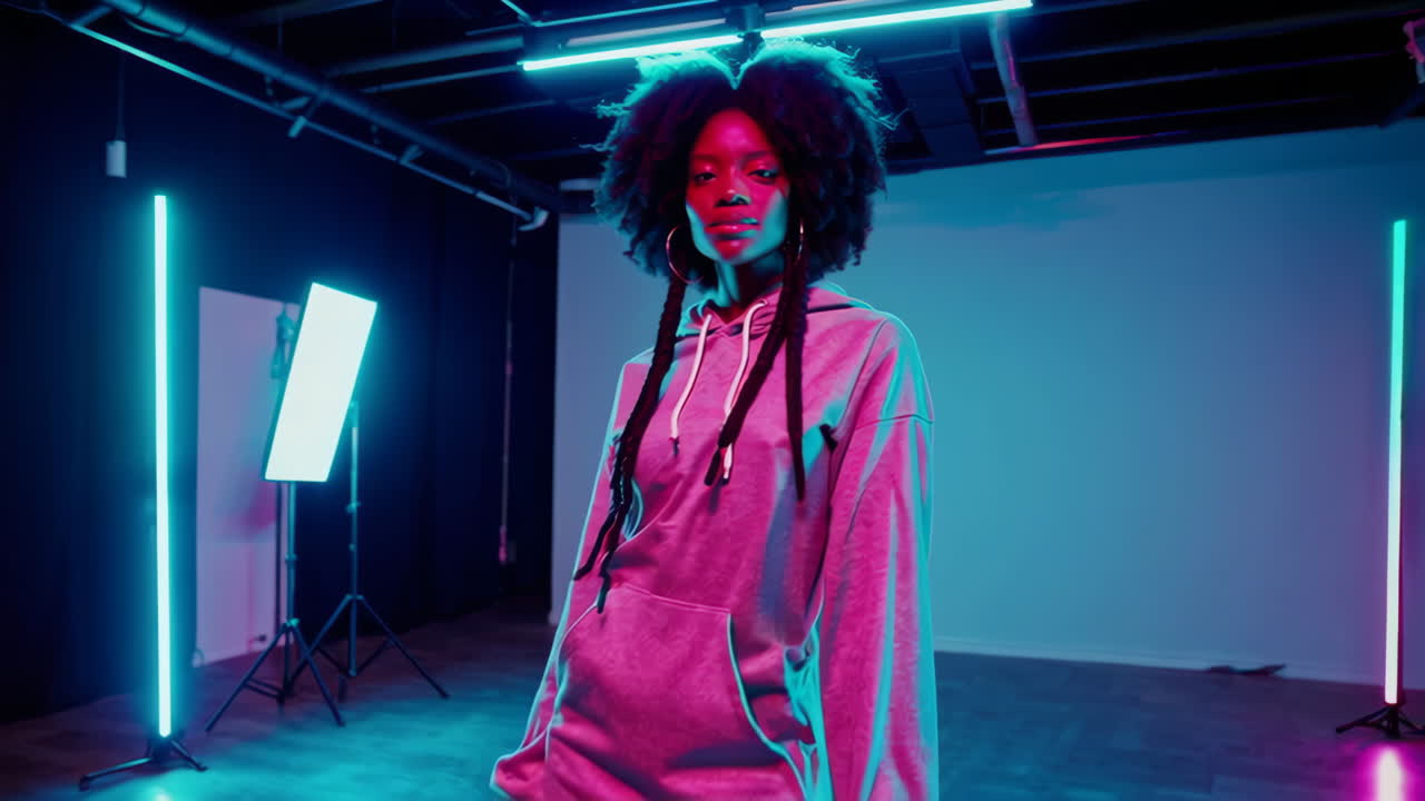 Vibrant Portrait of a Woman in a Studio with Neon Lights
