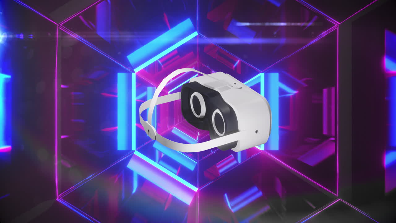 Animation of neon glowing light trails of data transfer over vr headset