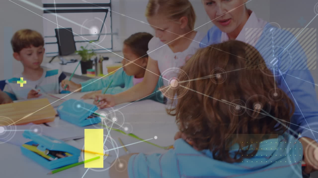 animación de una red de conexiones entre diversos grupos de alumnos con una maestra