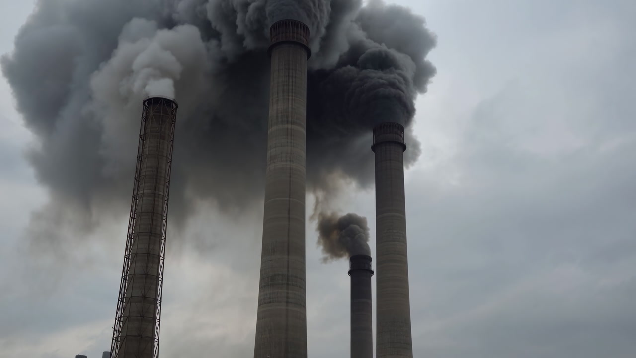 Smokestacks Belching Thick Black Smoke Over Gray Sky, Towering Concrete Chimneys Emit Dense Plumes Of Soot