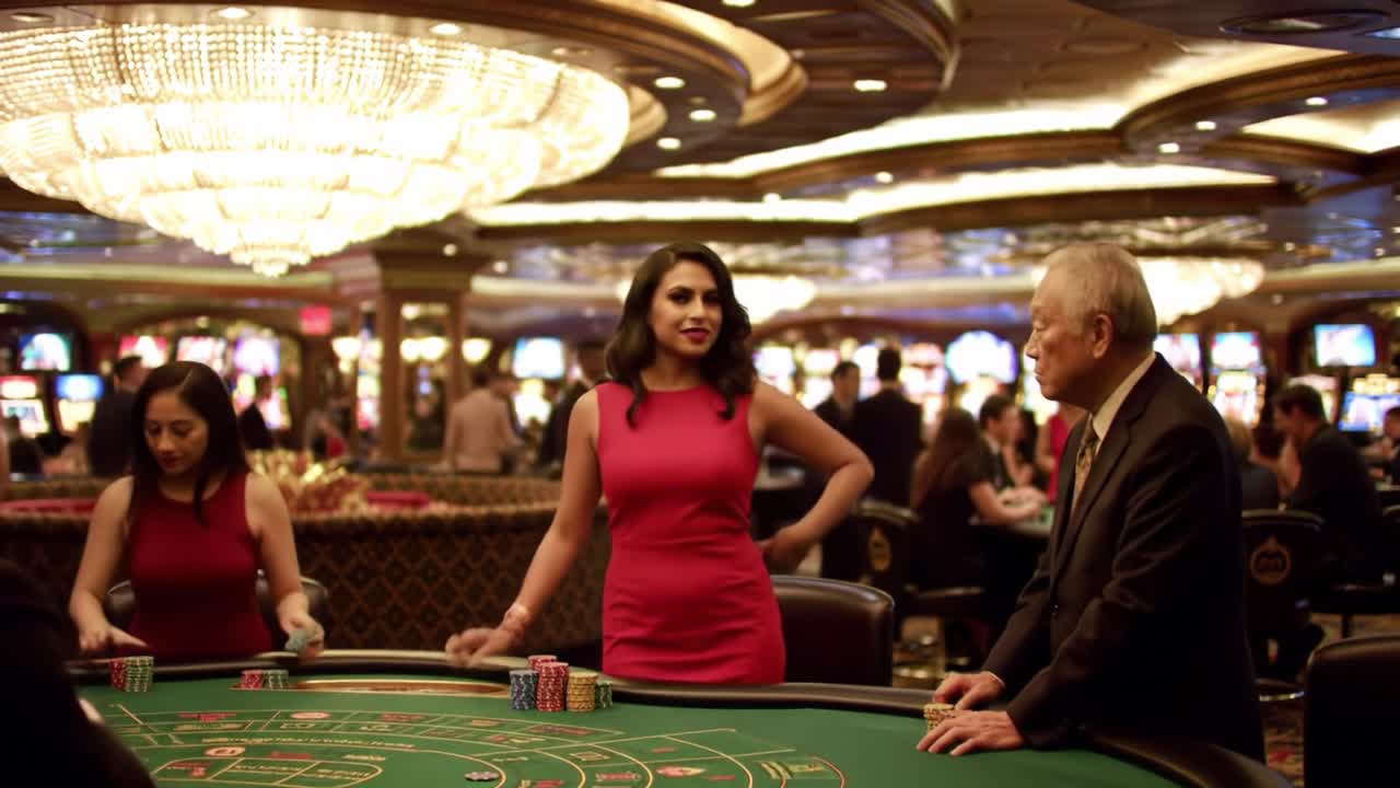 A Captivating Evening at the Casino: Glamorous Players Engage in High-Stakes Gaming Amidst an Opulent Setting of Neon Lights and Excitement