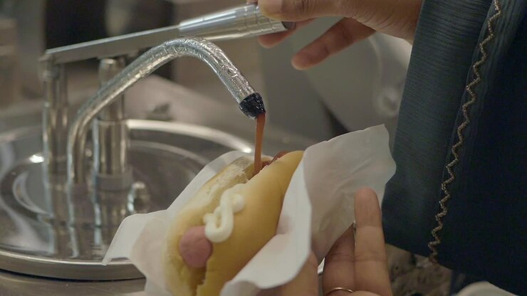 Close up of someone adding ketchup and mustard to a hot dog