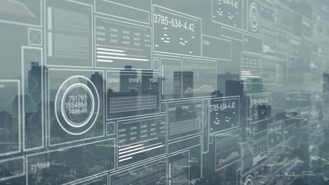 Animation of cityscape and screens with data processing