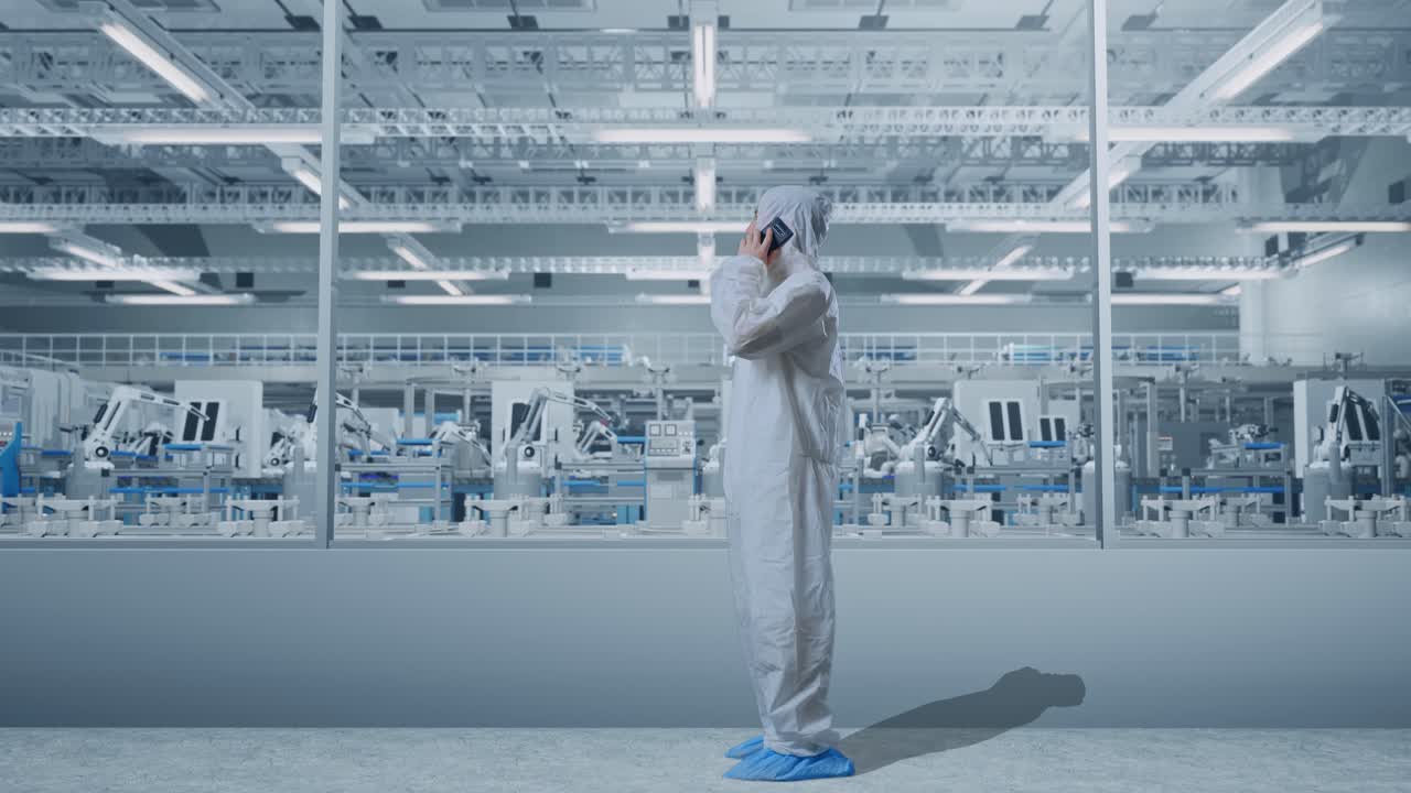 trabajador de la fábrica en el teléfono en una habitación limpia