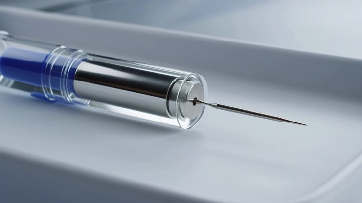 Syringe steady positioning, in metallic surface, with syringe, metallic surface, with metal, plastic texture, from a top-down perspective, with blue, silver accents, and neutral mood.