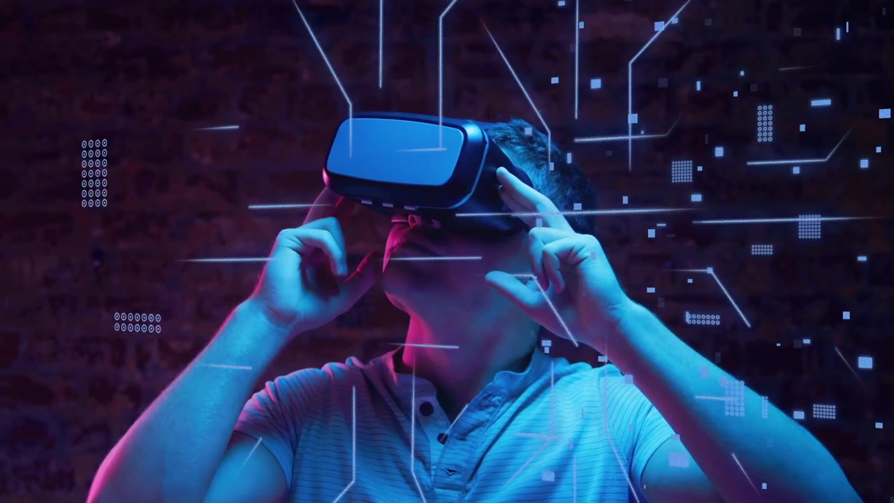 Male adjusting VR headset while activating HUD circuits over brick wall, exploring VR technology