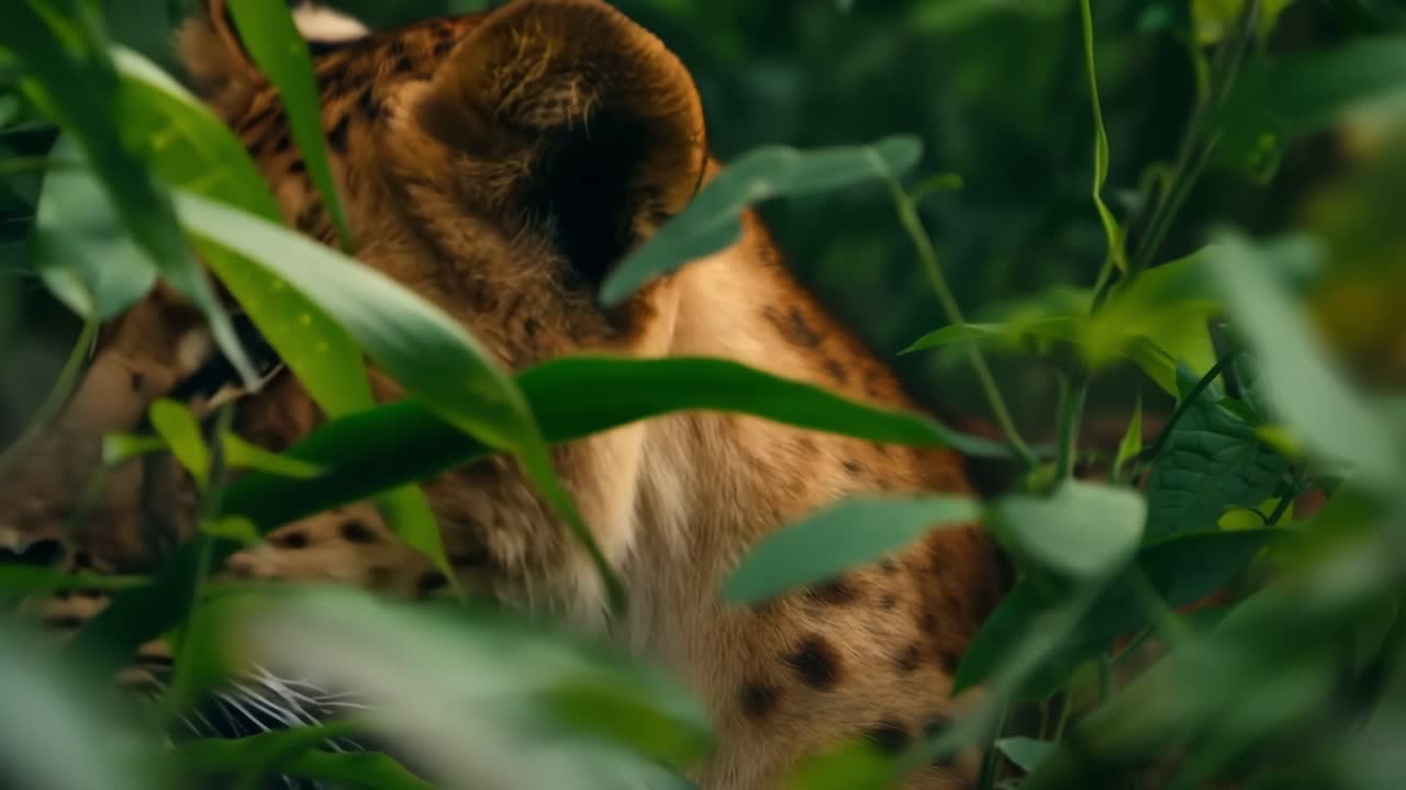 Wild leopard camouflaged in the vegetation of the jungle waiting to ambush its prey, a perfect example of adaptation and survival in the wild