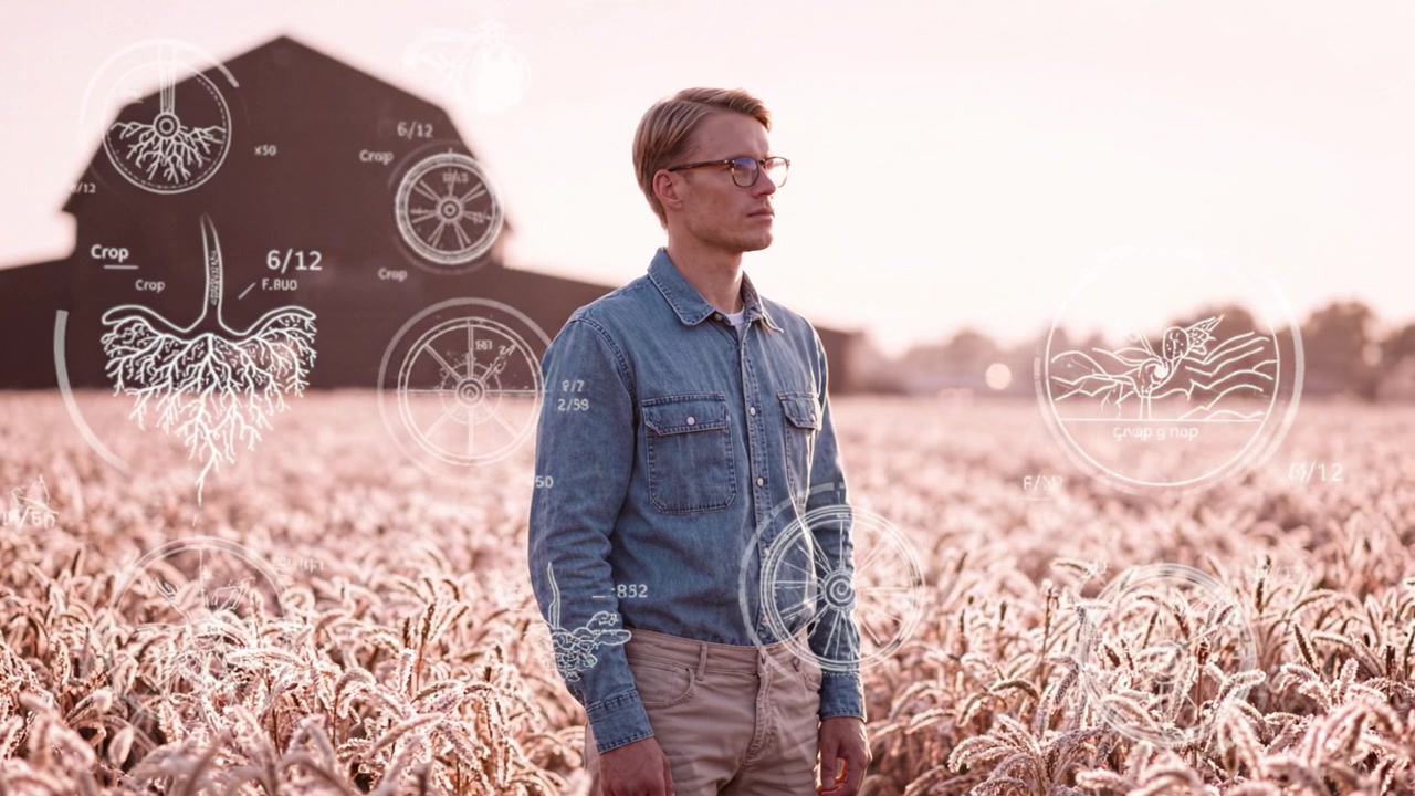 En eftertænksom landmand står på en hvedemark ved solopgang og overvejer landbrugsinnovationer med diagrammer, der illustrerer afgrødevækst og jordens sundhed.