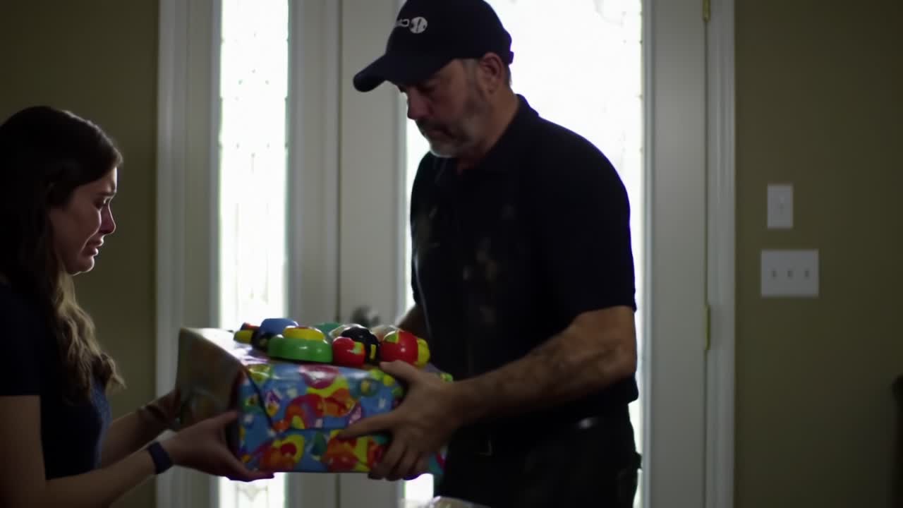 A Surprising Delivery: A Man Presents a Colorful Gift to a Young Girl, Capturing Moments of Anticipation and Emotion in a Heartwarming Scene at the Doorway