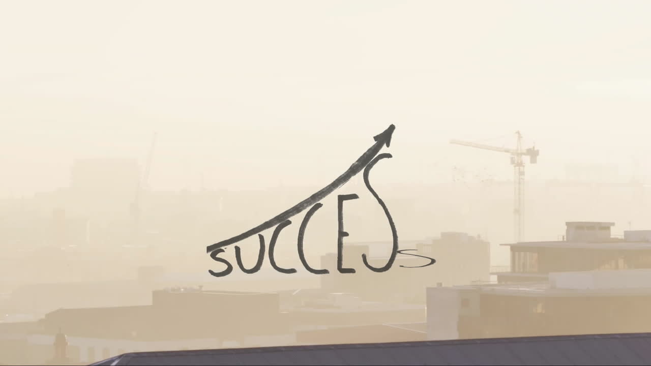 Upward arrow with success text overlaying animation of hazy cityscape and cranes