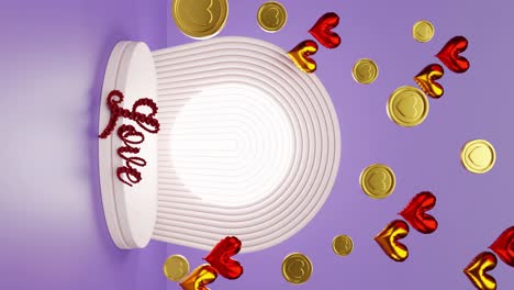 tienda en línea de comercio electrónico producto de exhibición con fondo de corazón en moneda de oro y globos y cartas de amor para la celebración de san valentín pareja romántica aventura de animación