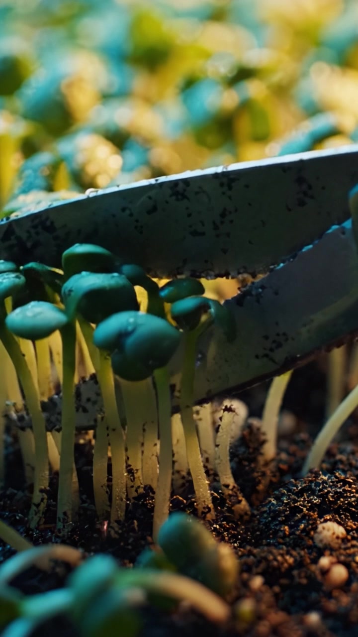 Germogli vibranti che emergono da terreno fertile: una vista ravvicinata di piantine in crescita con gocce di rugiada che celebra la bellezza del verde della natura nelle prime fasi di crescita.