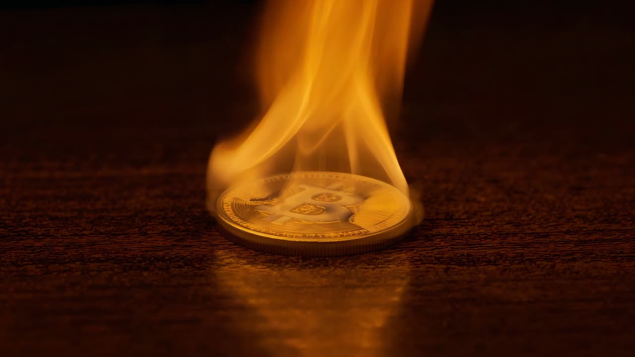 Sparking single metal coin emitting rising amber flame on dark wood table, showing engraving