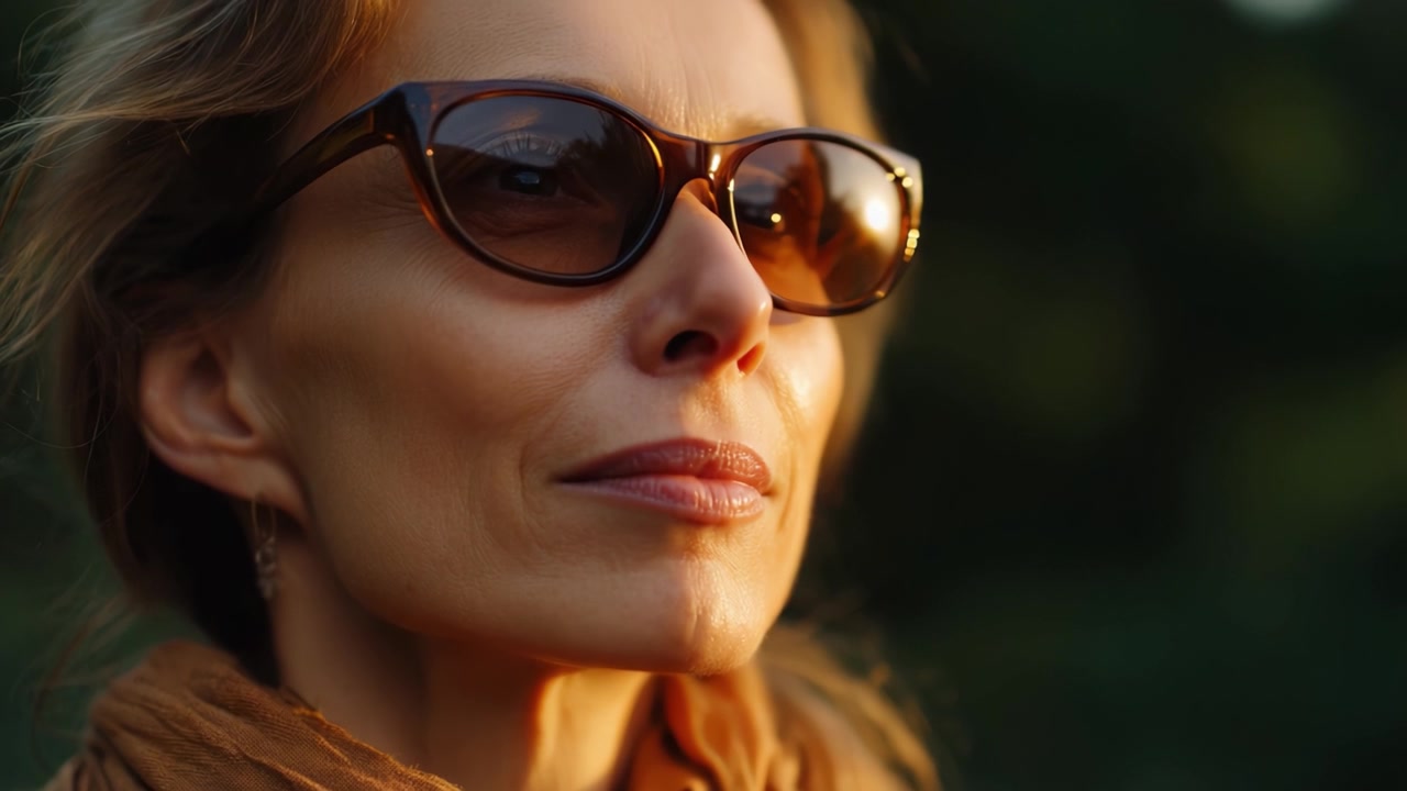 Una donna pensierosa, con occhiali da sole alla moda e una sciarpa calda, guarda attentamente in lontananza, illuminata da una luce naturale soffusa in un ambiente esterno.