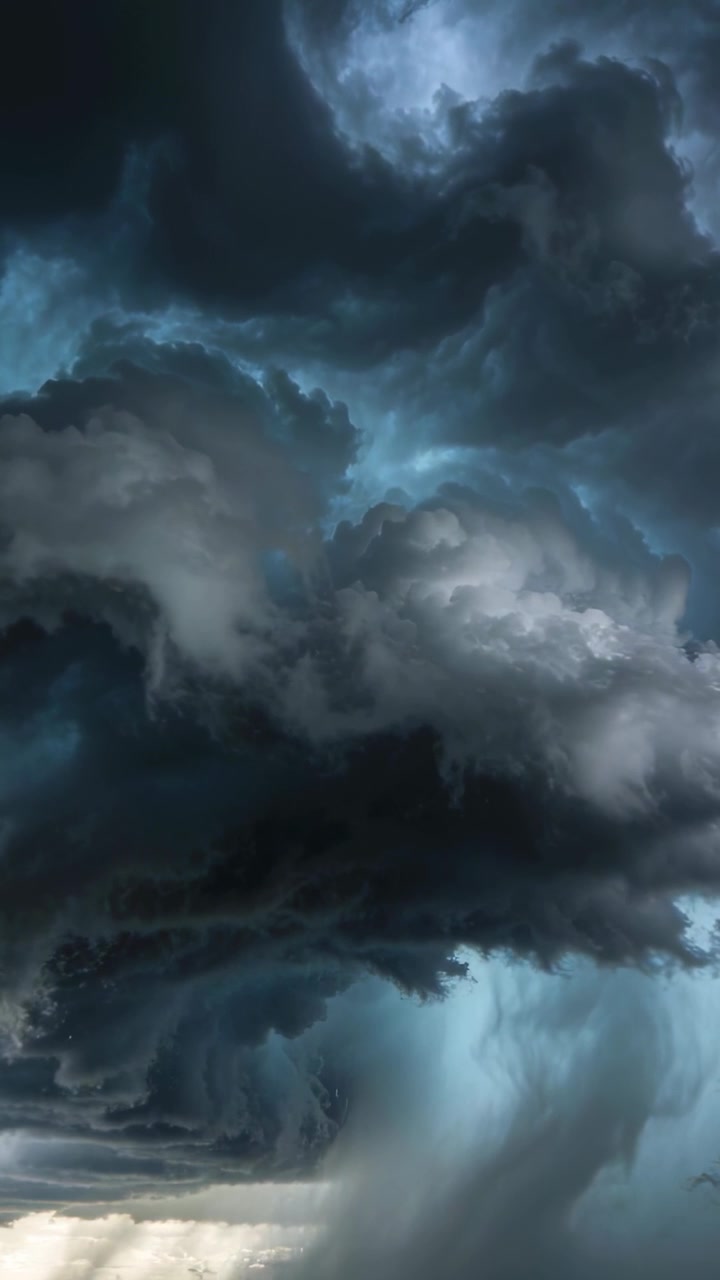 Vertical video: Forming cumulonimbus rotating base, rain shaft growing as flashes lighting horizon