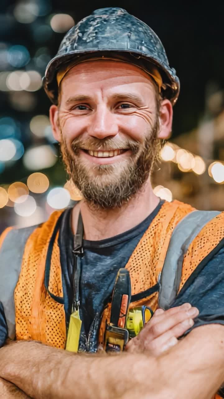 Ein fröhlicher Bauarbeiter mit Hut und reflektierender Weste, der ein warmes Lächeln zeigt, während er selbstbewusst in einer städtischen Umgebung mit sanften Lichtern im Hintergrund posiert