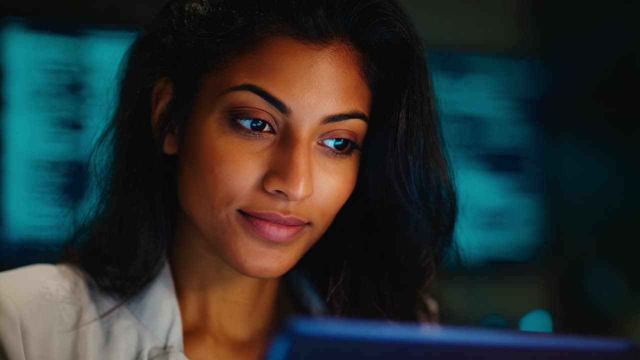 A focused woman engages with technology, her expression radiating curiosity and determination as she actively participates in a dynamic environment filled with vibrant screens and data-driven visuals