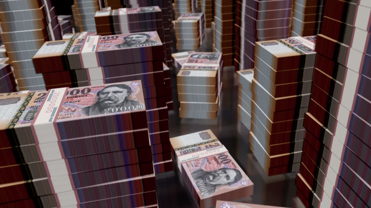 3d flight over the Hungarian Forint money banknote packs loop animation