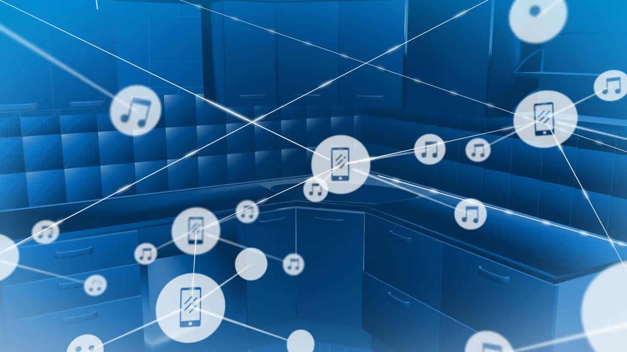 animación de una red de iconos digitales contra el interior 3d de una oficina