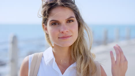 face, woman and beach for vacation