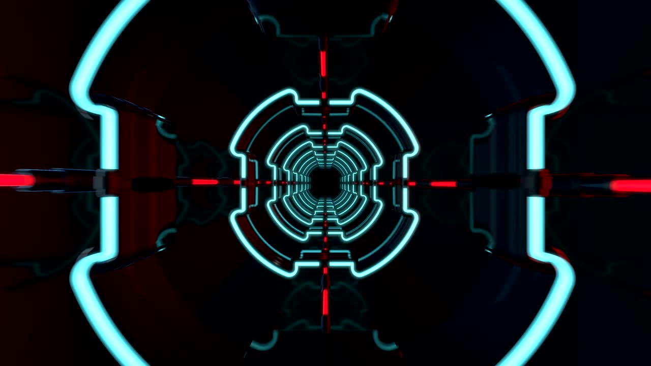 Flight in abstract futuristic tunnel with neon light.
