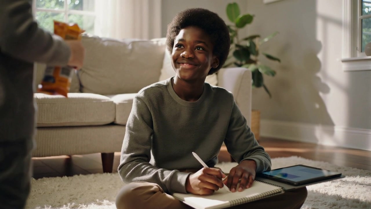 Noticing child entering with toy, teen in sweatshirt sketching notebook with stylus on rug at home