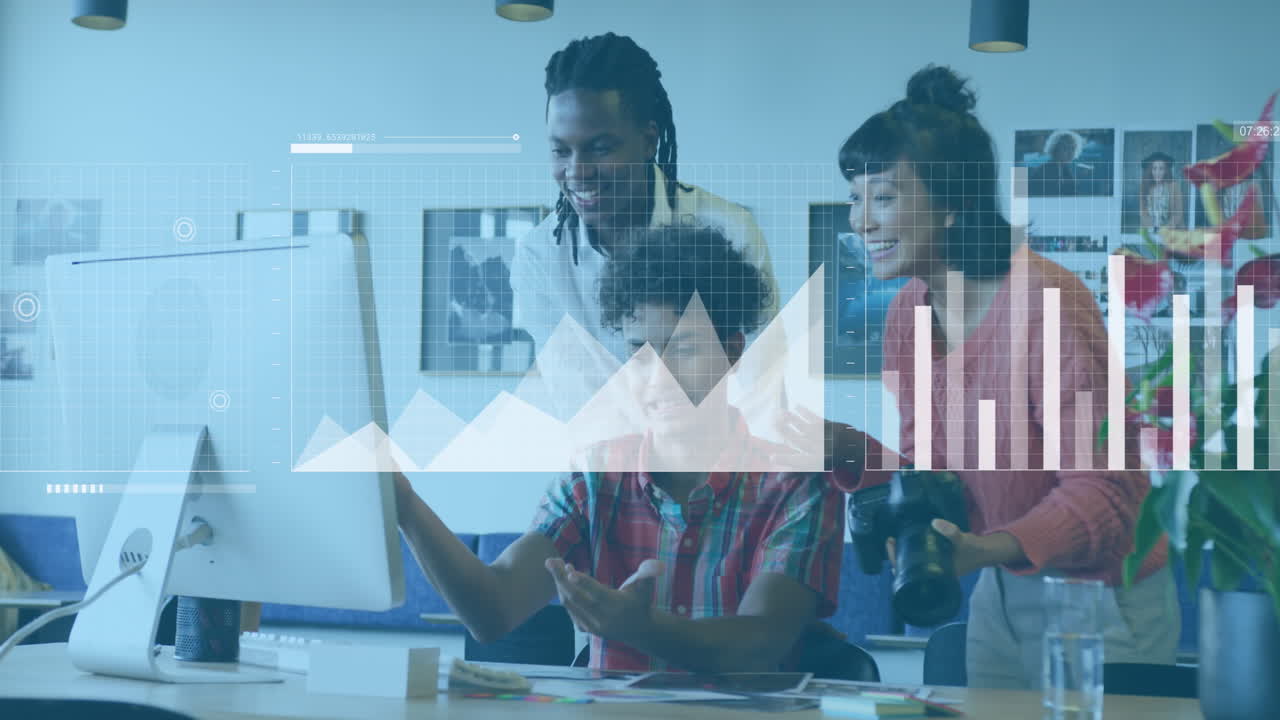 Animation of graphs, loading bars and map over diverse coworkers discussing on desk in office