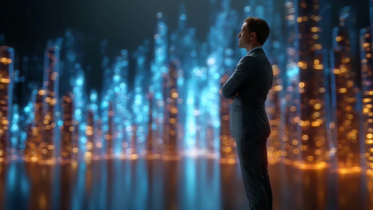 A contemplative figure in a suit stands confidently in front of illuminated skyscrapers, pondering possibilities and visions of the future in a vibrant cityscape