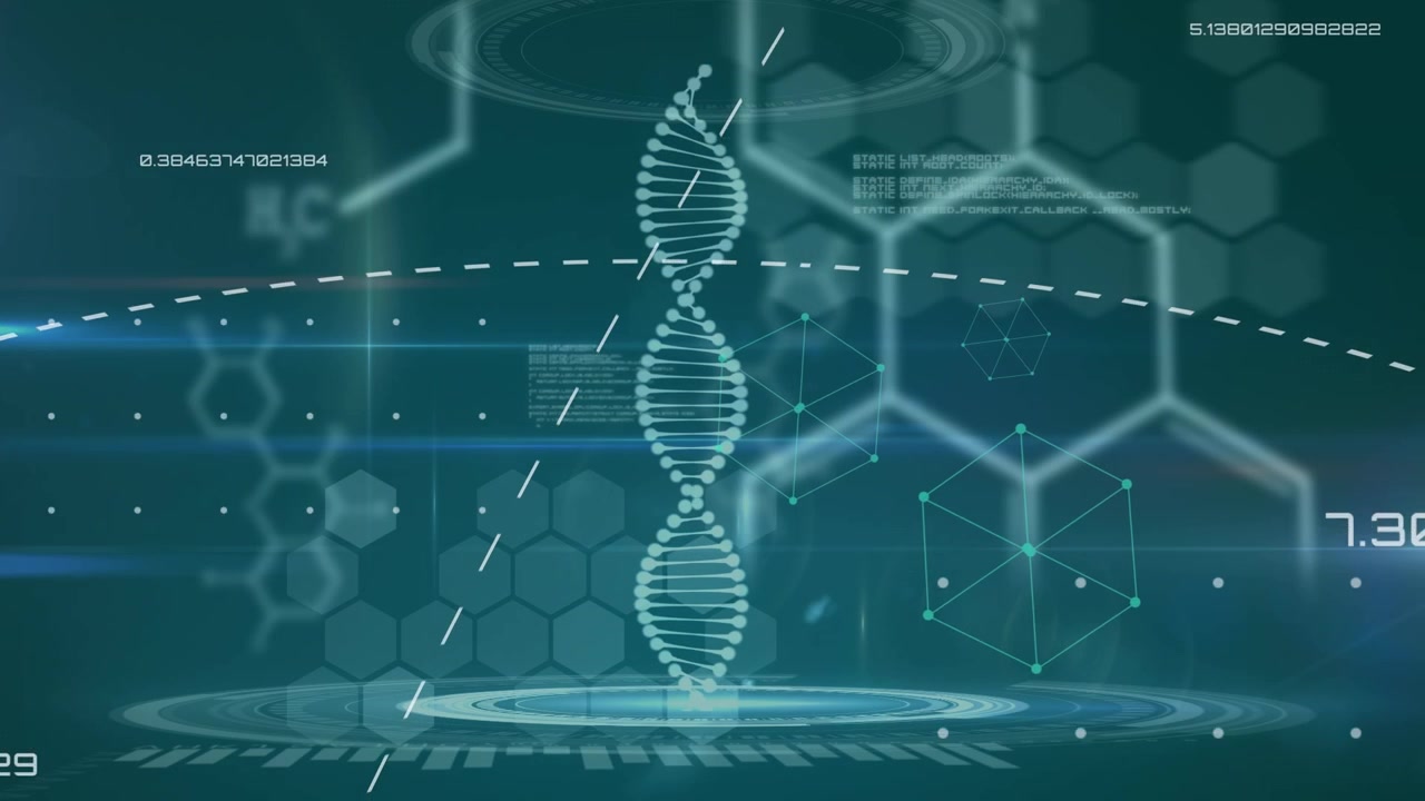 Animation of data processing, dna and chemical formulas over blue background