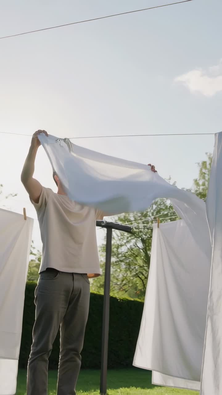 Vertical video: Reaching man lifting shaking pinning white sheets on yard line to dry in light tee